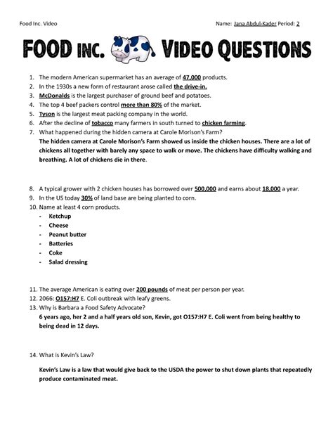 food inc movie worksheet answers quizlet